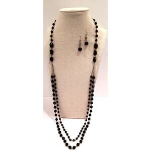 Faceted Crystal Black Bead Mourning Necklace & Dangle drop earrings Set